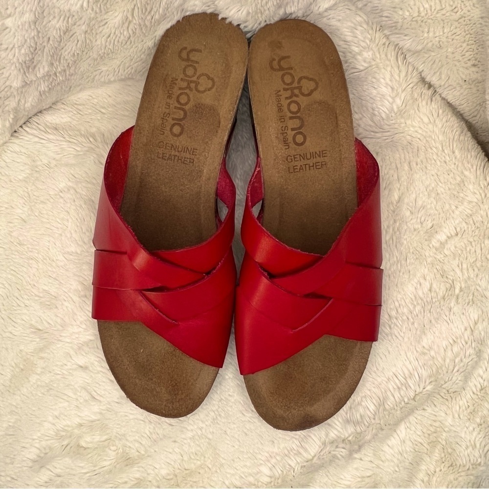 Yokono Spain Candela Red Leather Criss Cross Cork Wedge Slip On Sandals, Sz 9 - Picture 3 of 8